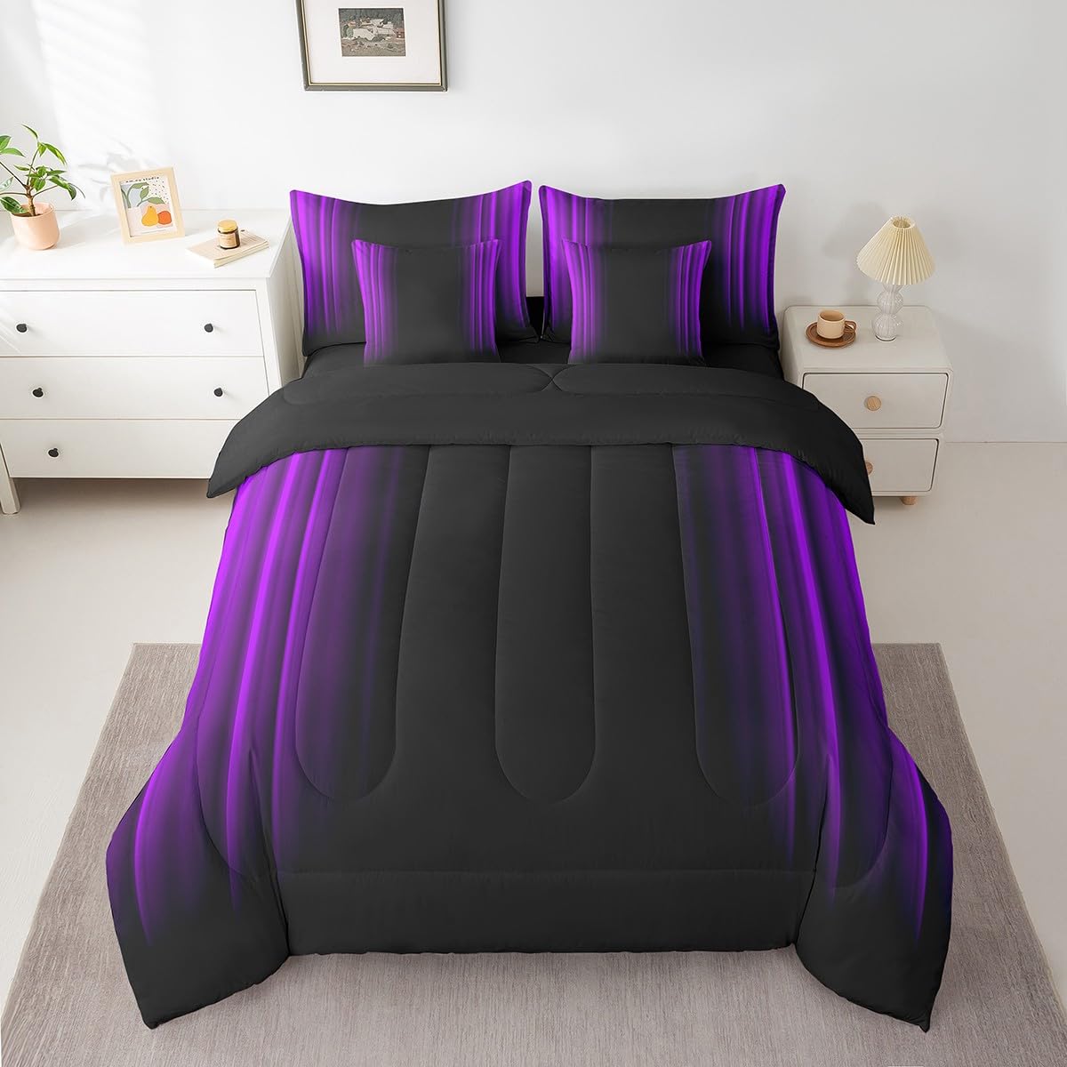 Feelyou Geometric Abstract Ombre Comforter Set with Sheets Kids Teens Purple and Black Striped Bedding Bed Set Decor Modern Fashion Bed in a Bag Bedroom Collection Twin Size