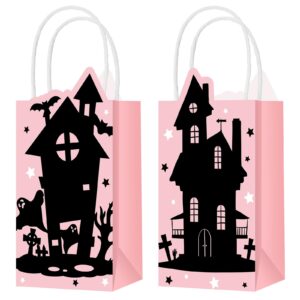 frienda 16 pcs pink and black halloween party favor bags with handle pink halloween treat bags paper gift goodie bags for kids birthday baby shower party supplies (spooky house)