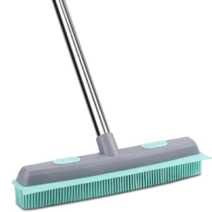 conliwell rubber broom carpet rake for pet hair, fur remover broom with squeegee, portable detailing lint remover brush (stainless steel handle)