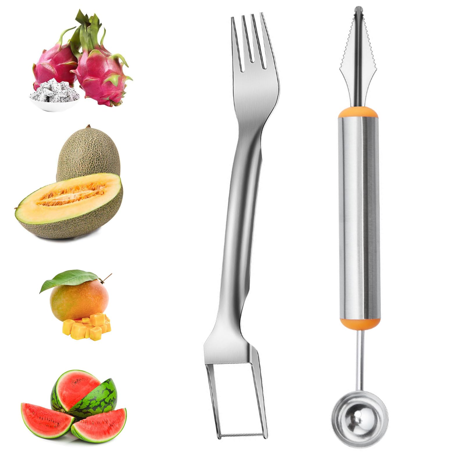 Agirlvct Watermelon Cutter Slicer, Stainless Steel 2-in-1 Fork Slicer & Fruit Digging Spoon,Dual Head Fruit Forks Slicer Knife Tool Set for Home Party Camping Kitchen Restaurant School Gadget(2 Pack)