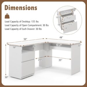 GOFLAME L-Shaped Desk, 59" Corner Computer Desk with File Drawer & Open Shelf, Large Workstation w/ 2 Cable Management Holes, Writing Study Desk for Home Office, White