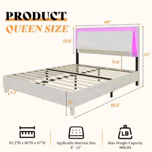 AMERLIFE Queen Size Beds Frame with Smart RGBW LED Lights, High Gloss Wooden Platform Bed Frame with Floating Ergonomic Headboard, Slats Support/Noise Free/No Box Spring Needed, White Woodgrain