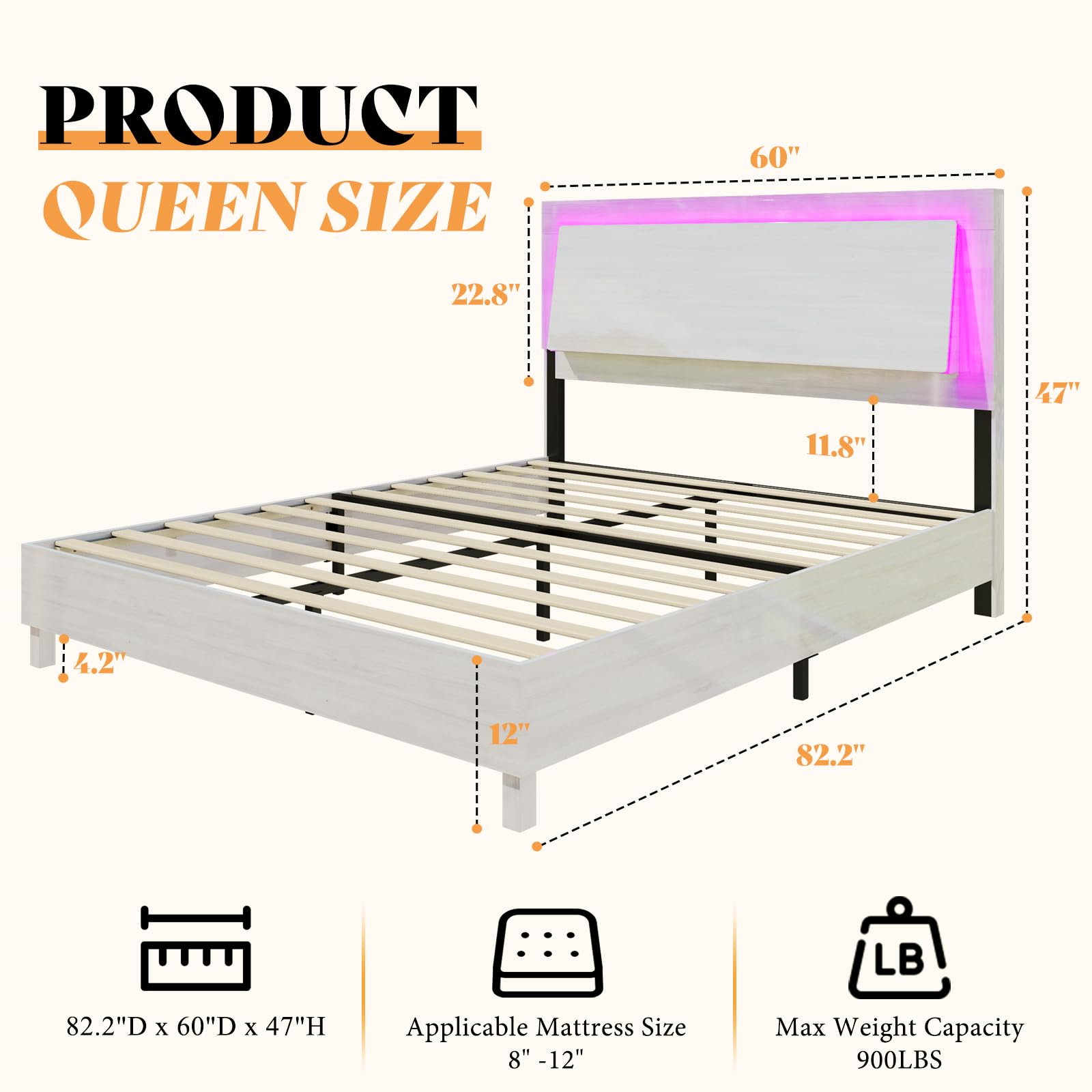 AMERLIFE Queen Size Beds Frame with Smart RGBW LED Lights, High Gloss Wooden Platform Bed Frame with Floating Ergonomic Headboard, Slats Support/Noise Free/No Box Spring Needed, White Woodgrain