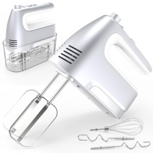 yalame hand mixer electric, 5-speed 400w motor, hand mixer electric handheld, mixer electric handheld with turbo boost & storage case, 2x flat beaters, 2x dough hooks, 1x whisk for baking (silver)