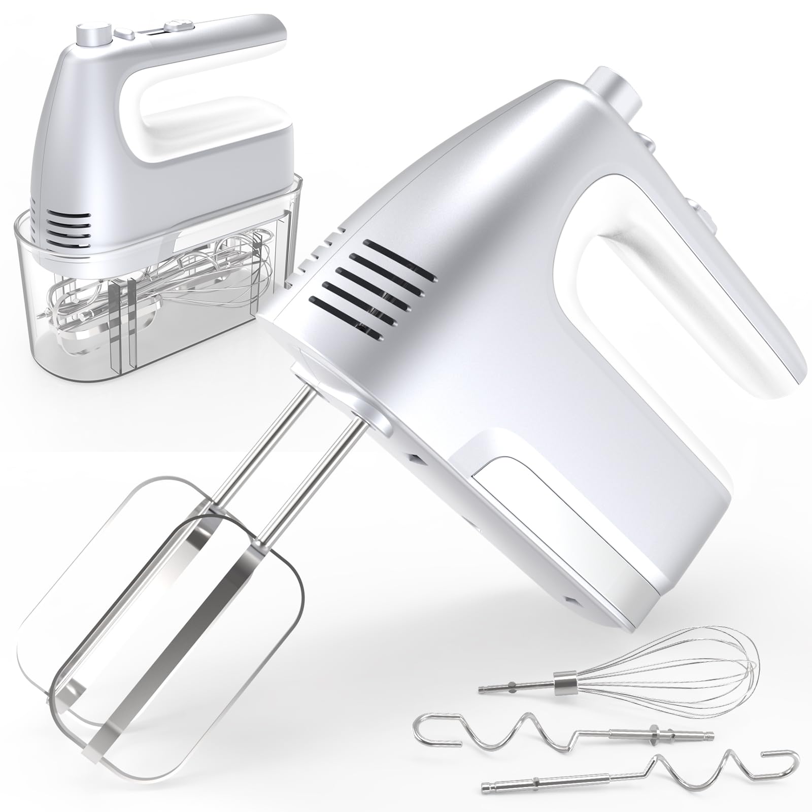 Yalame Hand Mixer Electric, 5-Speed 400W Motor, Hand Mixer Electric Handheld, Mixer Electric Handheld with Turbo Boost & Storage Case, 2x Flat Beaters, 2x Dough Hooks, 1x Whisk for Baking (Silver)