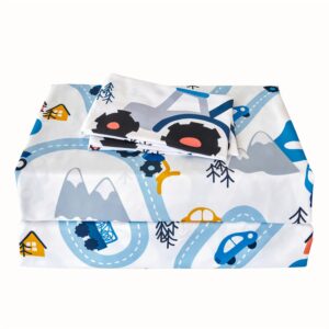 RYNGHIPY Kids Twin Bed Sheets: Cars Print Sheets Set for Boys - Breathable Wrinkle Free Microfiber Flat Sheet Fitted Sheet and Pillowcase (White,Twin)