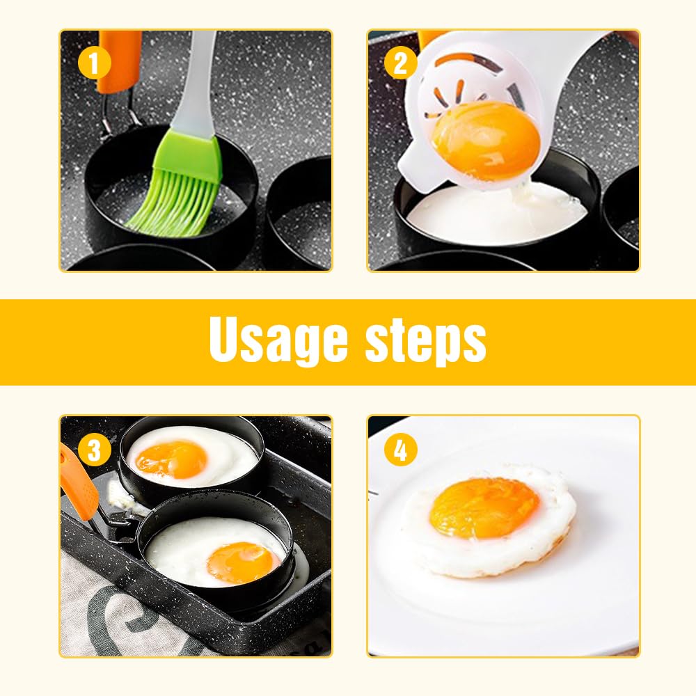 Egg Rings for Frying, 2024 Upgrade Stainless Steel Egg Rings for Frying Silicone Handle Egg Rings, 3.5 inch Round Egg Rings for Fried Egg Rings for Camping Breakfast Sandwiches (Orange, 2PCS)