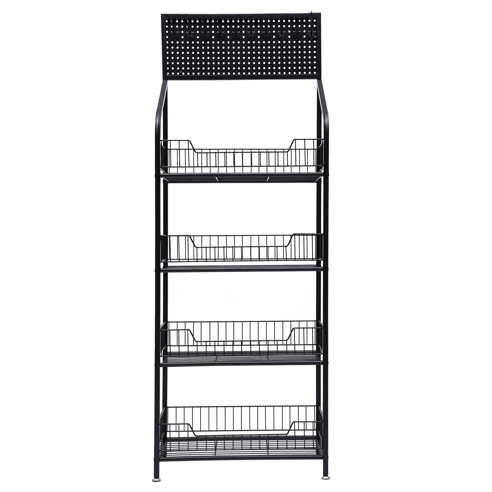 PSUFURV 4 Tier Retail Display Rack Free Standing Metal Wire Storage Shelf Cart with Wheels & 5 Metal Hooks Snack Candy Display Organizer for Bedrooms, Kitchens - 19.6" L x 10.6" D x 55" H