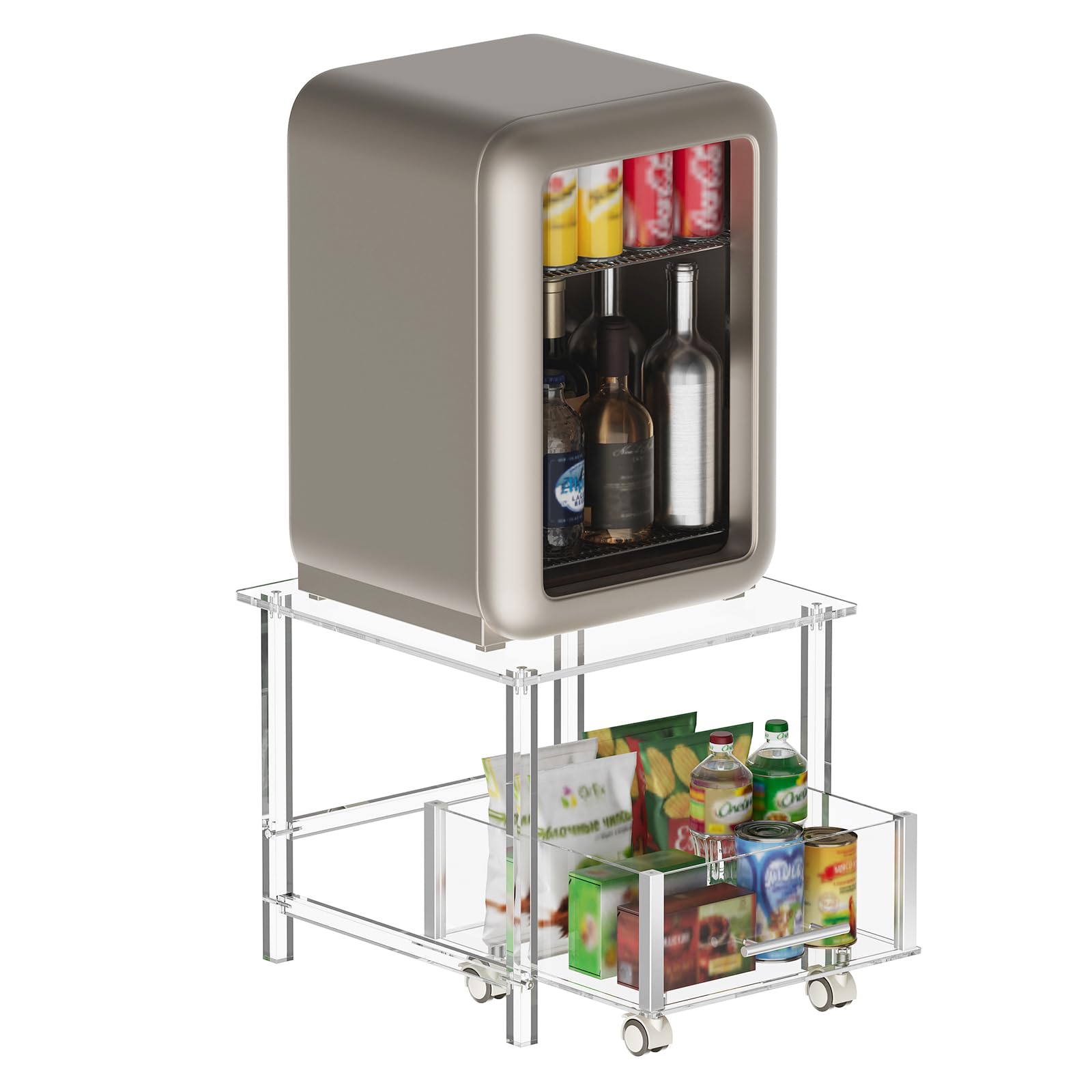 Aquiver Acrylic Mini Fridge Stand with Storage Basket - Mini Fridge Table Small Beverage Refrigerator Stand, with 4 Lockable Wheels, 19.7'' L x 19.7'' W x 16.9'' H, Clear