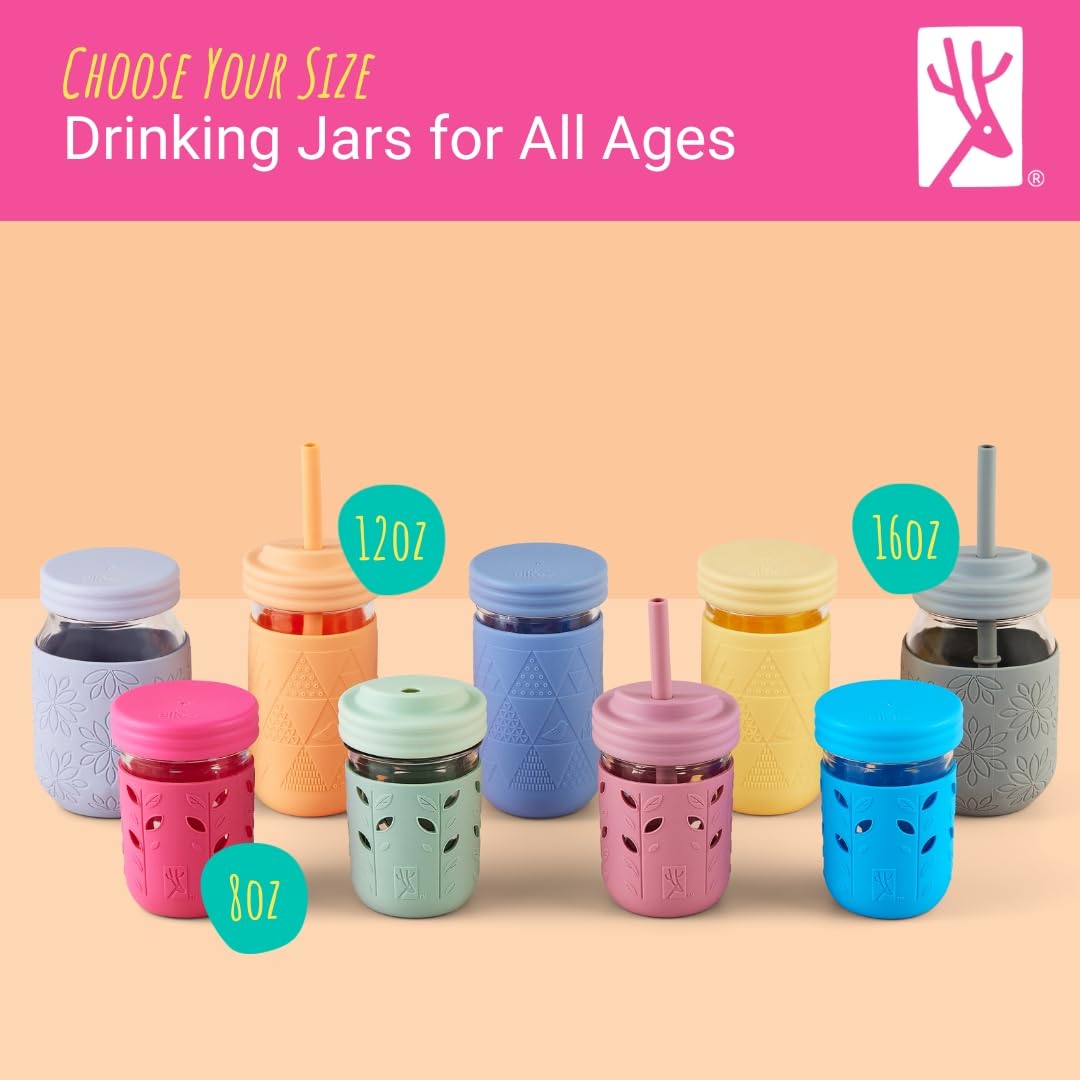 Elk and Friends Kids & Toddler Cups | The Original Glass Mason jars 12 oz with Silicone Sleeves & Silicone Straws | Smoothie Cups | Spill Proof Cups