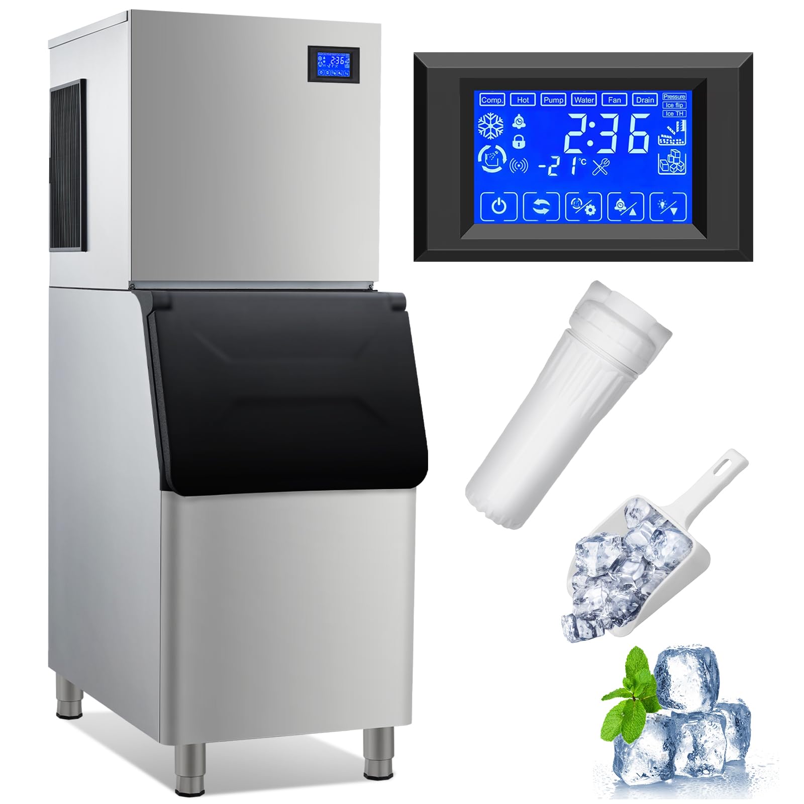 GarveeHome Commercial Ice Machine, 400Lbs Per Day with 350lbs Storage Bin, Stainless Steel Industrial Ice Cube Machine for Coffee Shop, Business Restaurant