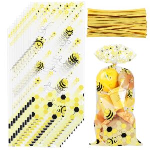 styquenzer 100pcs bee party bags honey bee plastic candy bags yellow honey bee treat bags goodie bags bee gift bags with gold twist ties for gender reveal party supplies