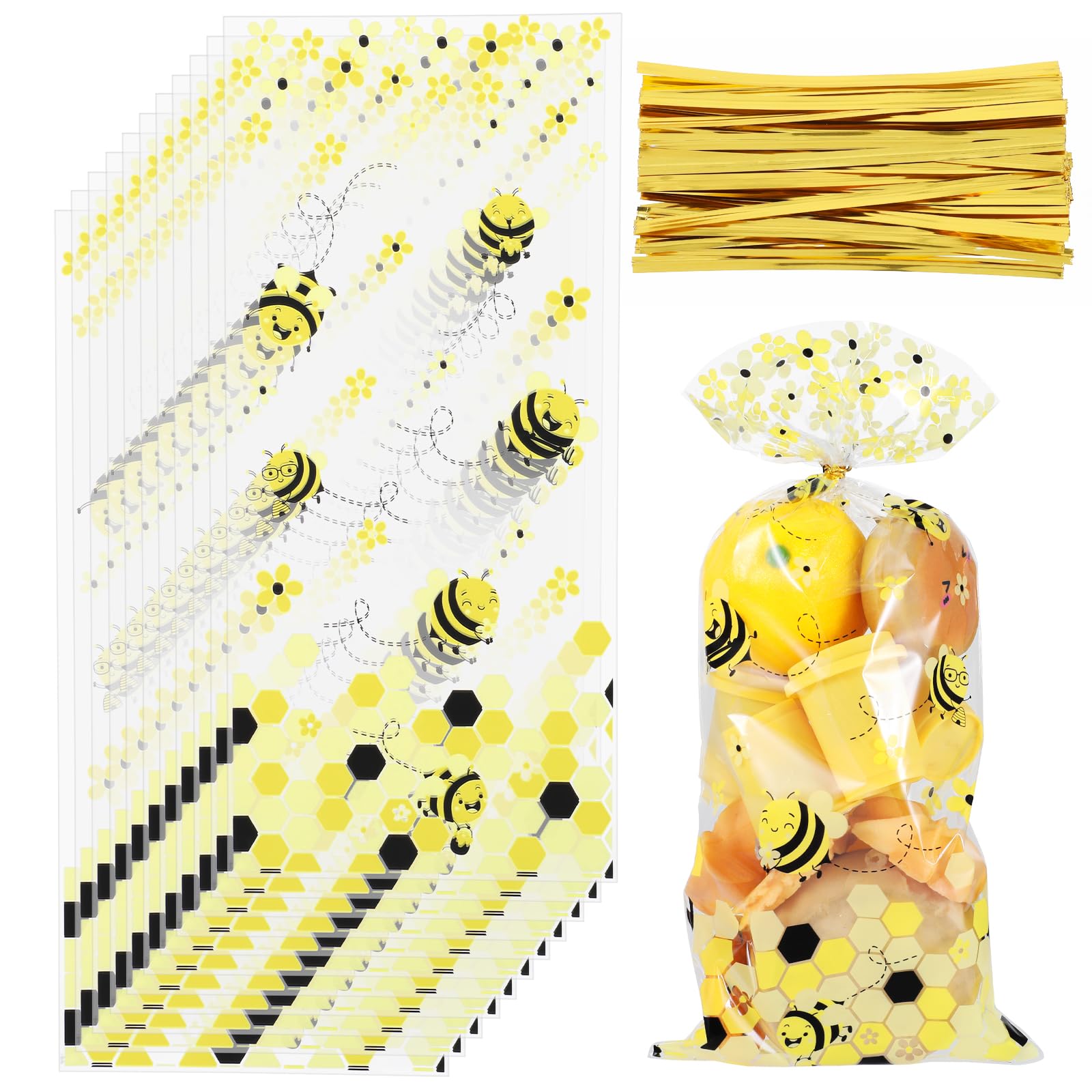 Styquenzer 100Pcs Bee Party Bags Honey Bee Plastic Candy Bags Yellow Honey Bee Treat Bags Goodie Bags Bee Gift Bags with Gold Twist Ties for Gender Reveal Party Supplies