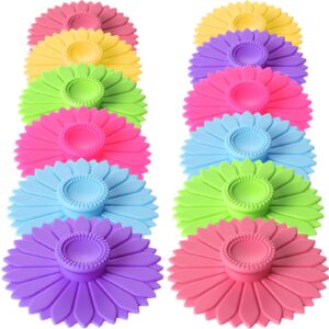 hoolerry 12 sets sunflower silicone cup covers 4.13" multicolored silicone cup lids mug cover outdoor cup covers for hot drinks, tea, coffee, 6 colors(bright color)