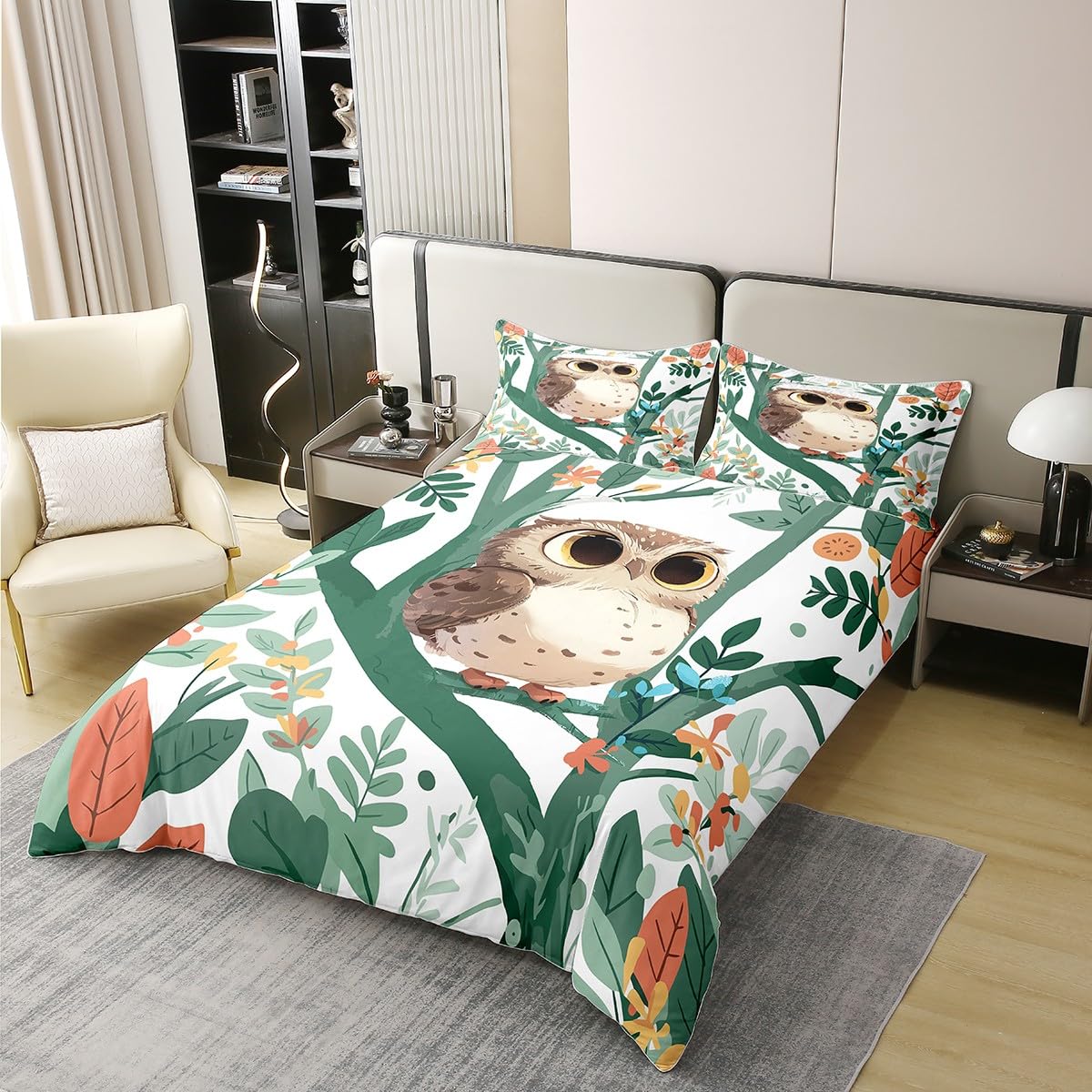 Feelyou Boys Girls Cute Owl Bedding Set Queen(No Comforter), 3D Animal Printed 100% Cotton Duvet Cover Kids Bird Decor Comforter Cover Cartoon Owls Design Teens 3Pcs with 2 Pillow Case