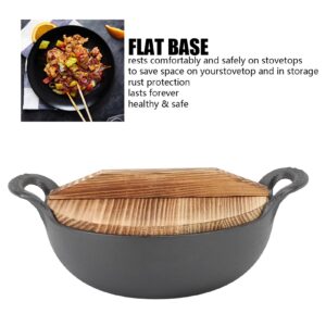 Cast Iron Wok with 2 Handle and Wooden Lid, Seasoned Cast Iron Wok Chinese Wok, Deep Frying Pan with Flat Base Uncoated for Stir Fry Grill Steam Authentic Asian Chinese Food (20cm)