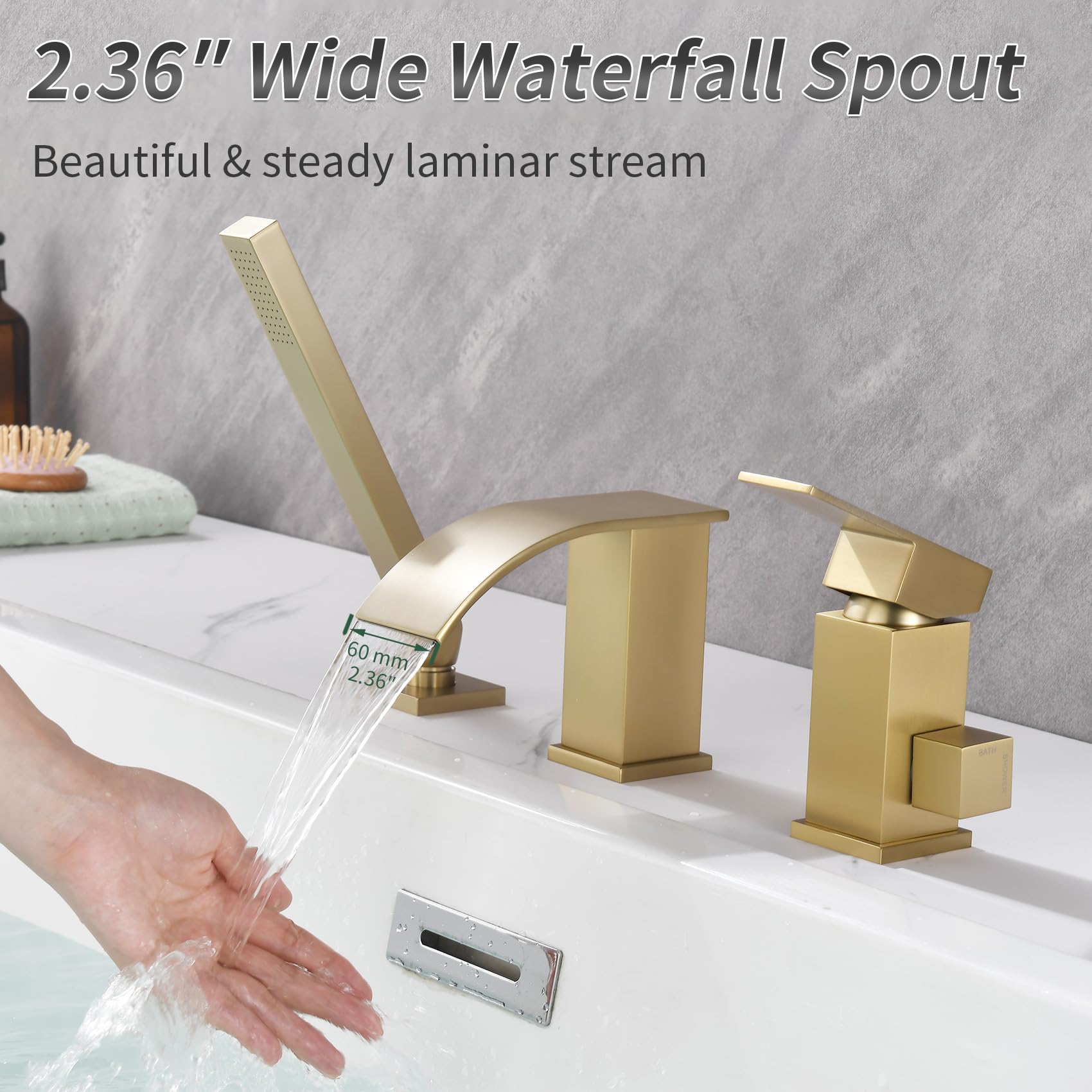 TapLong Waterfall Roman Tub Faucet with Hand Shower, Deck Mount 3 Hole Bathtub Faucet Set High Flow Bath Tub Faucet Set Deck Mount Solid Brass, Brushed Gold，03766BG