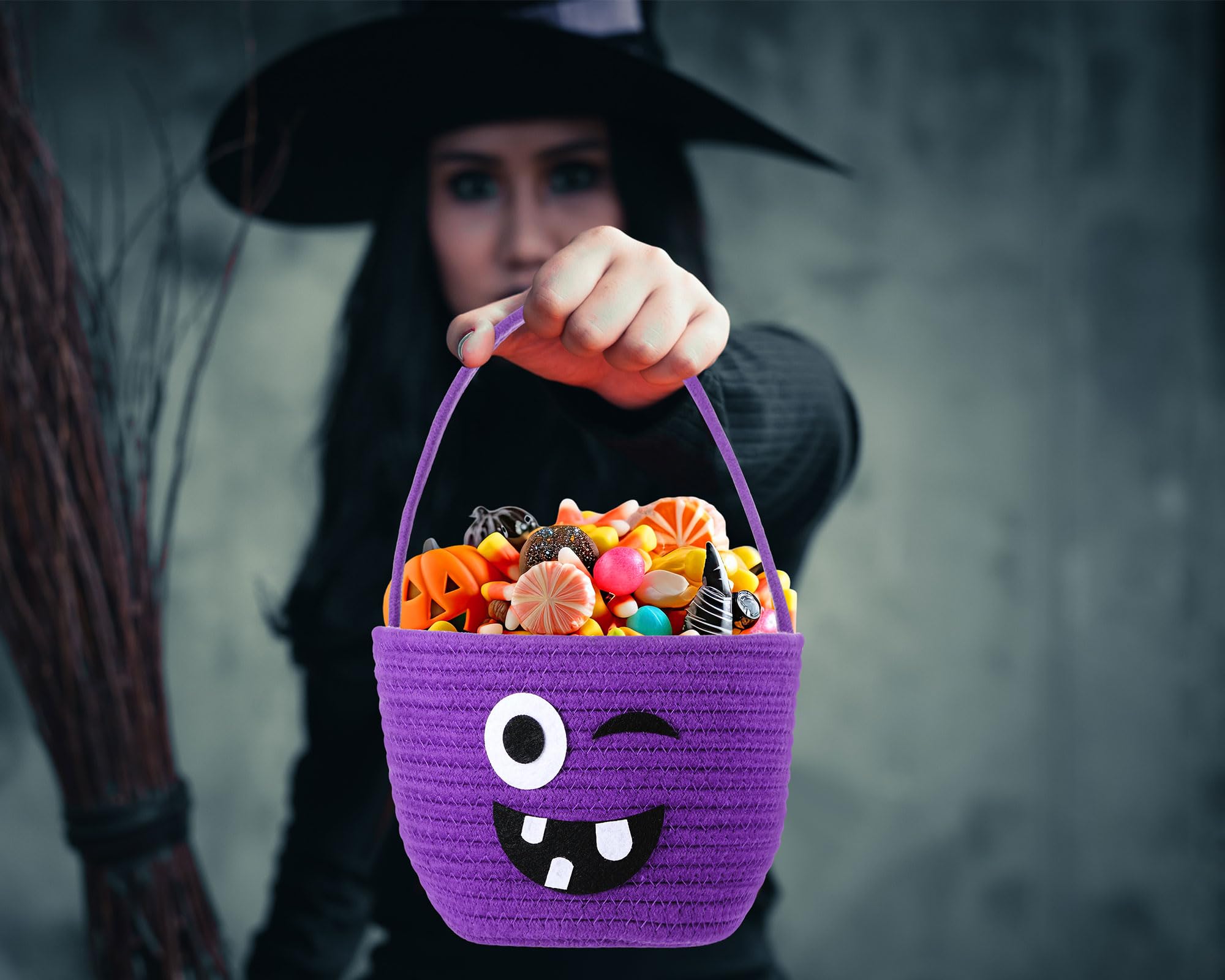 Teenyyou Halloween Trick or Treat Basket with Handle Cute Halloween Bucket Cotton Rope Woven Candy Bag Pumpkin Witch Cat Pig Storage Basket for Halloween Party Favor(3 Packs,Mixed Style)