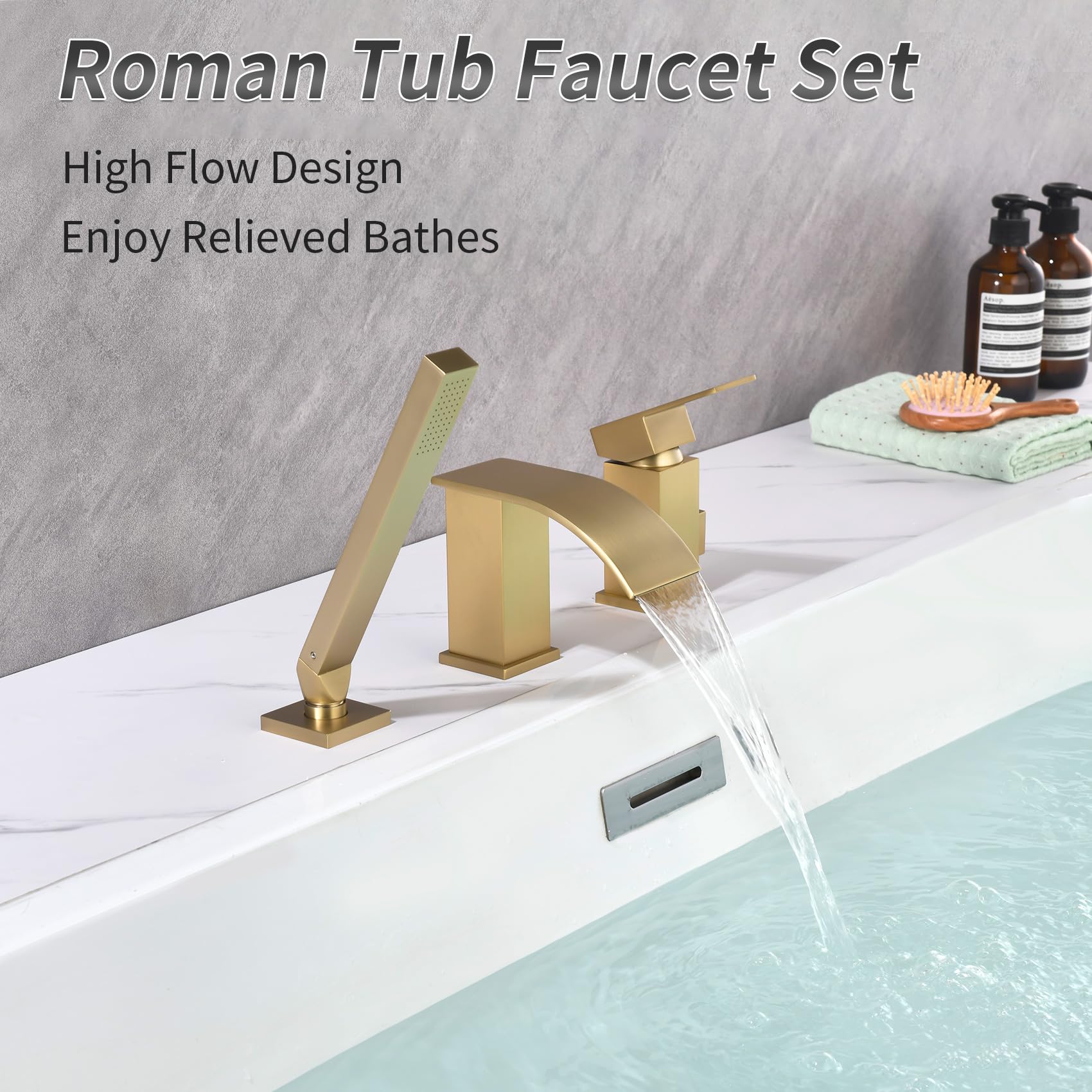 TapLong Waterfall Roman Tub Faucet with Hand Shower, Deck Mount 3 Hole Bathtub Faucet Set High Flow Bath Tub Faucet Set Deck Mount Solid Brass, Brushed Gold，03766BG