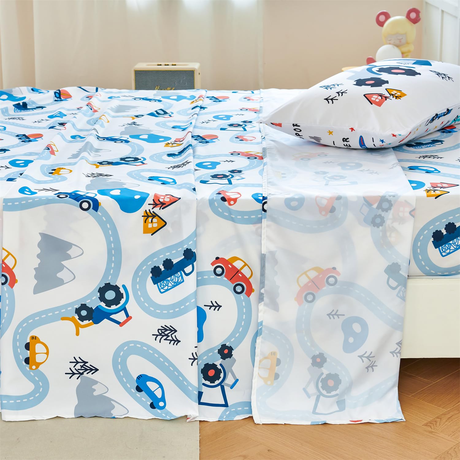 RYNGHIPY Kids Twin Bed Sheets: Cars Print Sheets Set for Boys - Breathable Wrinkle Free Microfiber Flat Sheet Fitted Sheet and Pillowcase (White,Twin)