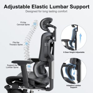 Ergonomic Office Chair, Adaptive Lumbar Support, SGS Class 4 Gas Clylinder 400 LBS Capacity，3D Headrest & Armrest and Retractable Footrest, Mesh Breathable Desk Chair