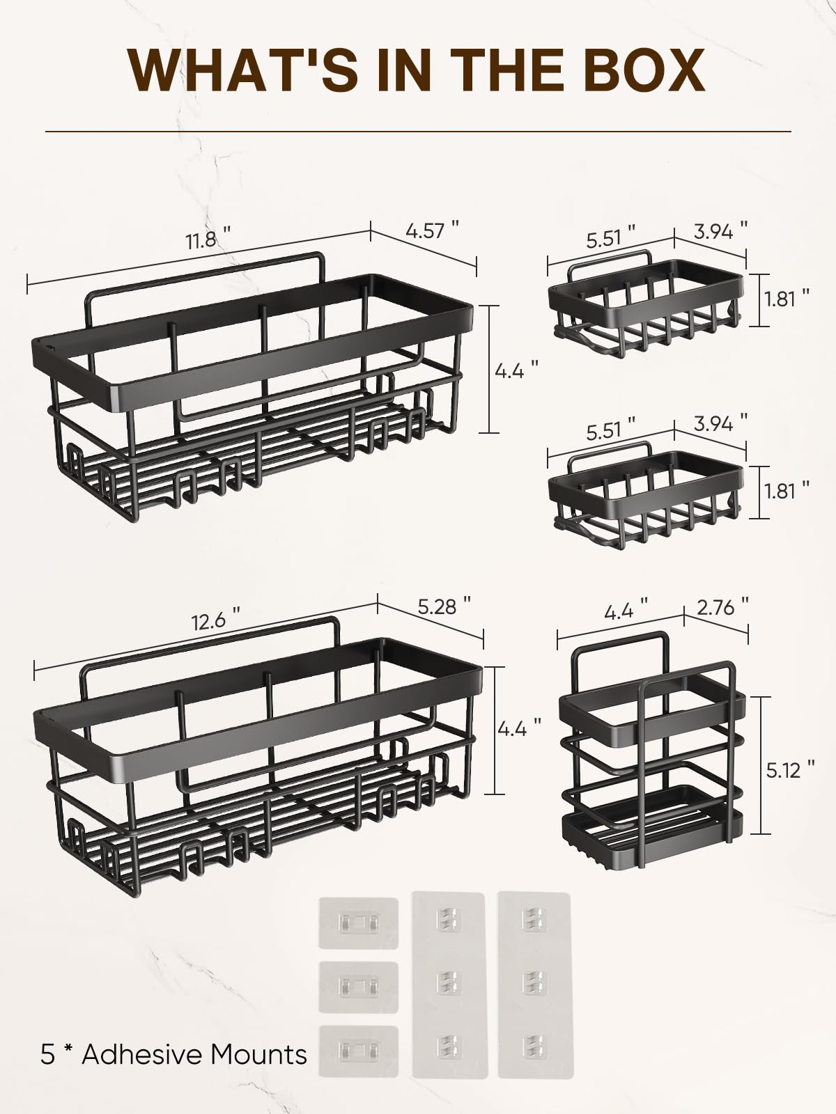 Cobbe Adhesive Shower Caddy 5-Pack, Large Wall Mounted Shower Shelves Rack, Organizer Storage Accessories with Soap Dish&Toothbrush Holder, Shelves for Bathroom Storage & Home Kitchen Decor, Black