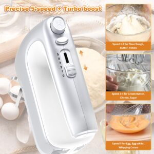 Yalame Hand Mixer Electric, 5-Speed 400W Motor, Hand Mixer Electric Handheld, Mixer Electric Handheld with Turbo Boost & Storage Case, 2x Flat Beaters, 2x Dough Hooks, 1x Whisk for Baking (Silver)