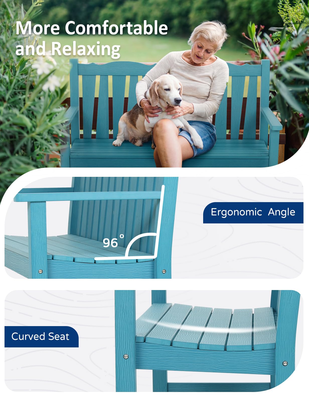 LAHAAP Outdoor Bench Weatherproof, 2-Person Garden Benches for Outdoors, All Weather HIPS Patio Bench Holds up to 800lbs, Never Rot or Fade, Comfort Bench for Porch, Garden, Patio, Backyard and Park