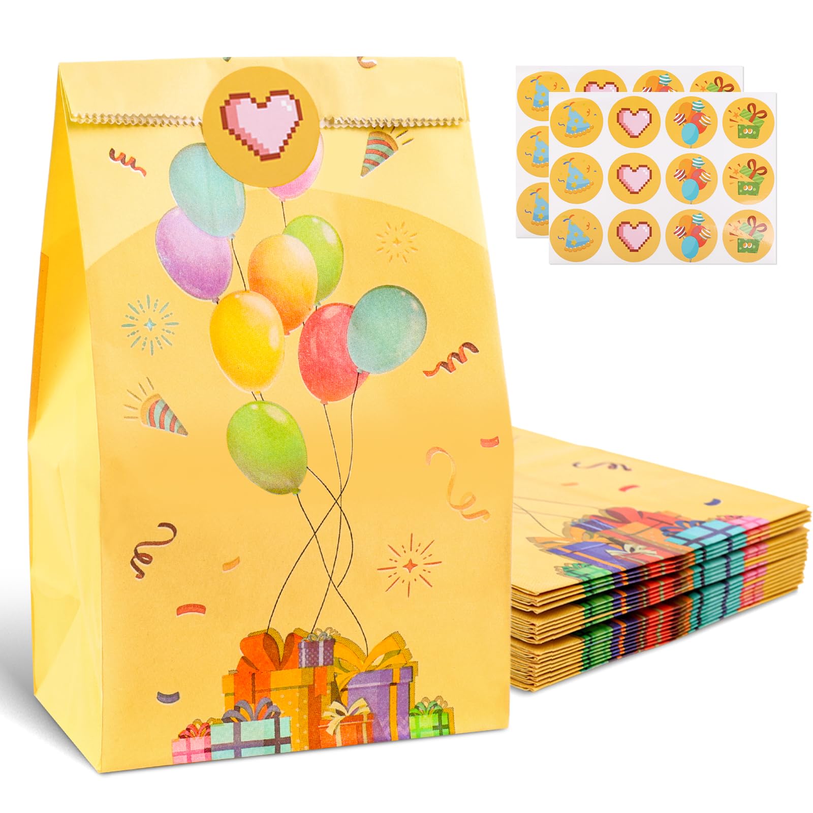 LovesTown 24PCS Party Favor Bags, 4.7"x 3.1"x 8.7" Colorful Treat Bags Balloon Paper Bags Goodie Bags with Stickers for Birthday Party Baby Shower Holiday Celebration