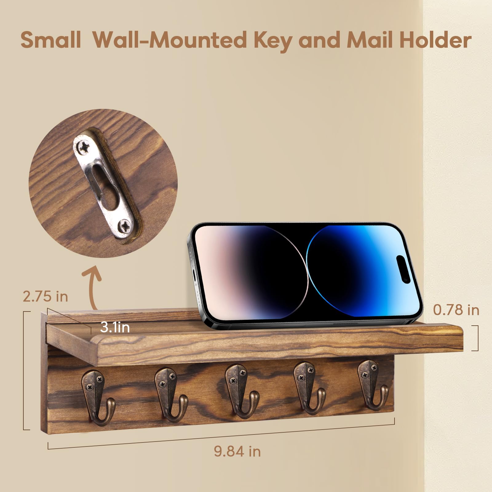 ZUXEFO Key and Mail Holder Wall Mounted (5 Hooks, Small), Wooden Wall Hanging Key Holder with Shelf, Rustic Entryway Rack Organizer for Key Mail Dog Leash Bag Coat - by YHYZ