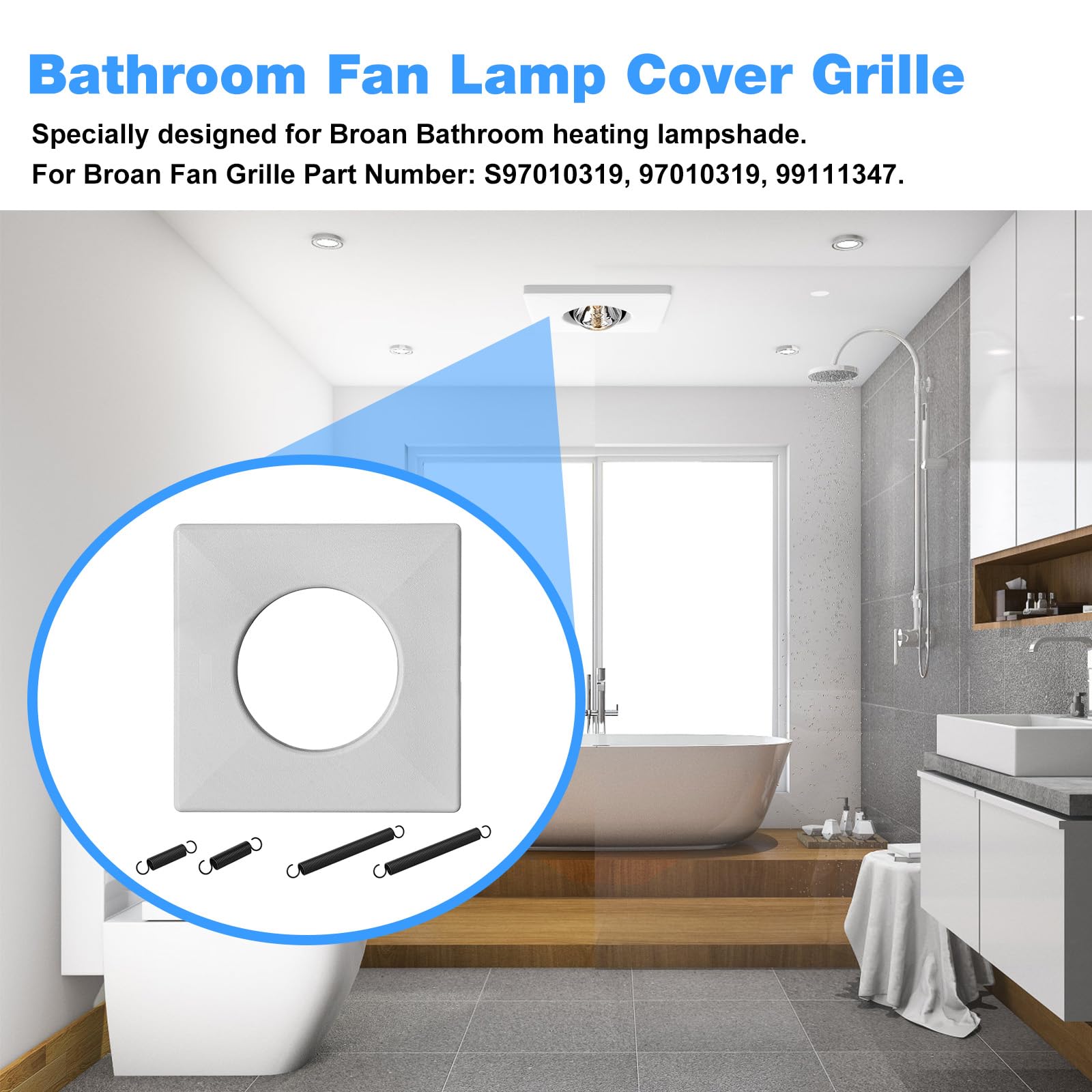 RO6G S97010319 Bathroom Exhaust Fan Cover for Broan Heat Lamp Cover Grille w/Springs 97010319, 99111347, Compatible with 161, 162, 9412D-R01, 9417DN-R01 Bulb Heater