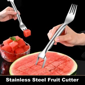 Agirlvct Watermelon Cutter Slicer, Stainless Steel 2-in-1 Fork Slicer & Fruit Digging Spoon,Dual Head Fruit Forks Slicer Knife Tool Set for Home Party Camping Kitchen Restaurant School Gadget(2 Pack)