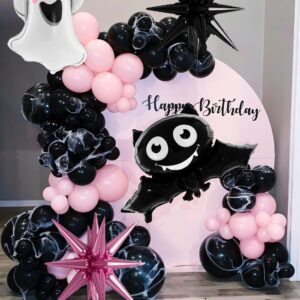 Pink Halloween Balloon Garland Arch Kit,130pcs Halloween Pink Black Silver Balloons With Starburst,Ghost,Bat Foil Balloons for Girl,Birthday,Baby Shower,Spooky One,Halloween Party Decorations