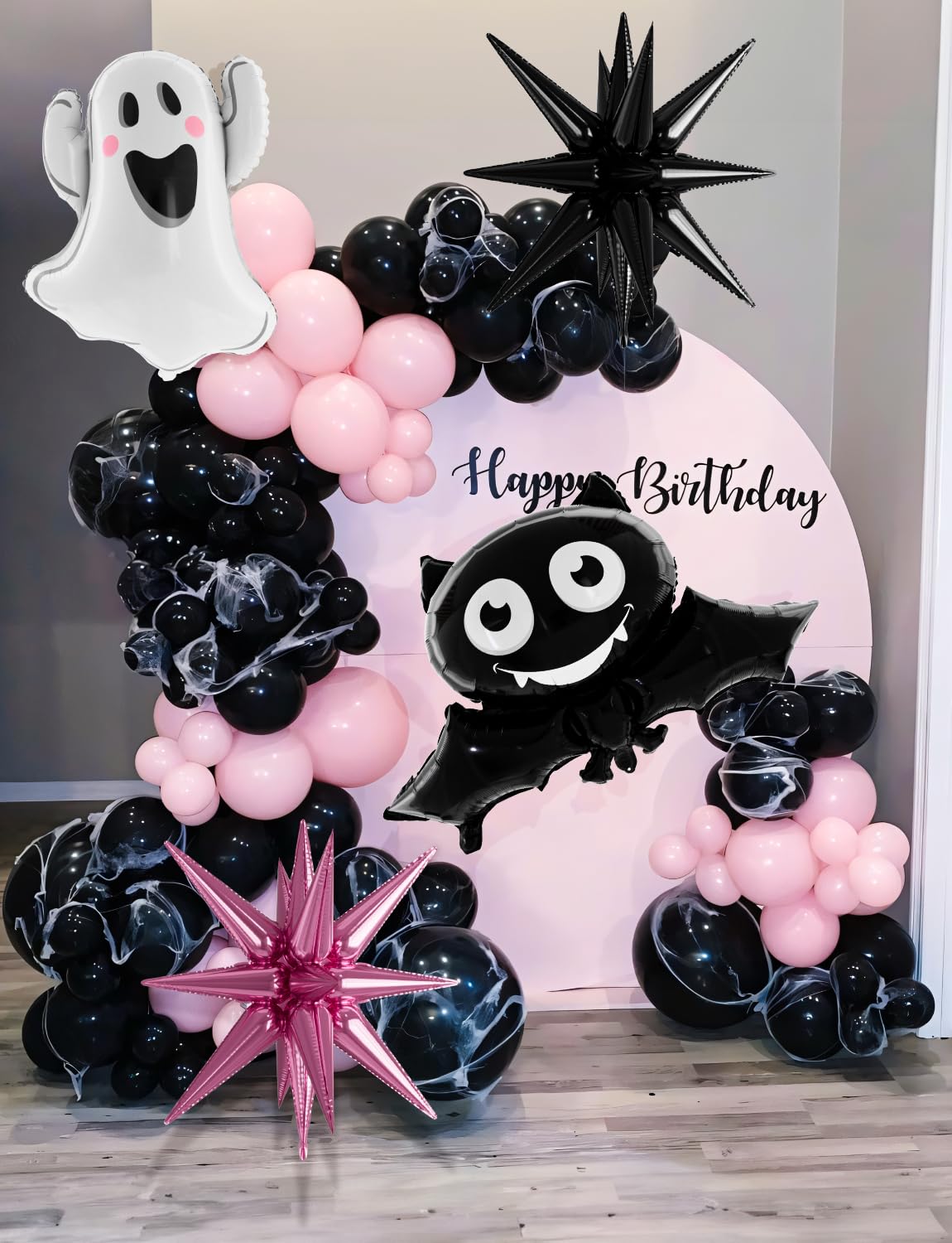 Pink Halloween Balloon Garland Arch Kit,130pcs Halloween Pink Black Silver Balloons With Starburst,Ghost,Bat Foil Balloons for Girl,Birthday,Baby Shower,Spooky One,Halloween Party Decorations