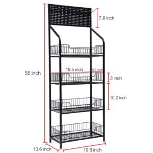 PSUFURV 4 Tier Retail Display Rack Free Standing Metal Wire Storage Shelf Cart with Wheels & 5 Metal Hooks Snack Candy Display Organizer for Bedrooms, Kitchens - 19.6" L x 10.6" D x 55" H