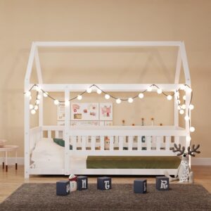 iRoll House Floor Bed Twin Size, Wood Montessori Floor Bed with High Fence & Slats Multifunctional House Bed Montessori Bed for Boys & Girls, No Box Spring Needed, Easy Assembly, White