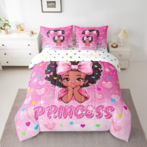 cartoon black girls 7pcs comforter set king size,pink glitter bow love heart stars print bedding set kids teens woman room decor,kawaii african theme child fitted flat sheet lovely 2 pillow cover