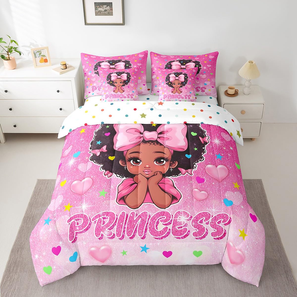 Cartoon Black Girls 7Pcs Comforter Set King Size,Pink Glitter Bow Love Heart Stars Print Bedding Set Kids Teens Woman Room Decor,Kawaii African Theme Child Fitted Flat Sheet Lovely 2 Pillow Cover