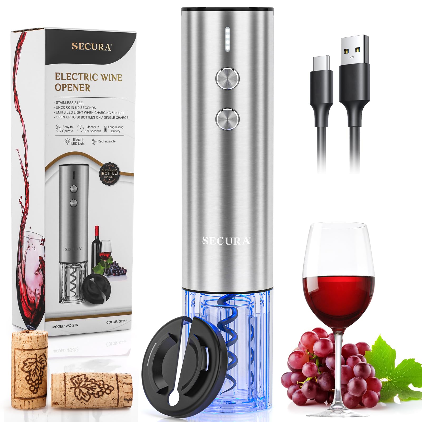 Secura Stainless Steel Electric Wine Opener, Rechargeable Automatic Home Wine Bottle Opener with Foil Cutter & Charging Cable, Reusable Corkscrew Wine Opener Electric for Wine Lovers, Silver