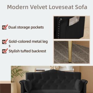 Small Velvet Loveseat Sofa with Gold Metal Legs,55-inch Modern Sofa Couch with 2 Side Pockets,Couch with Tufted Backrest for Living Room Bedroom Office (Black)