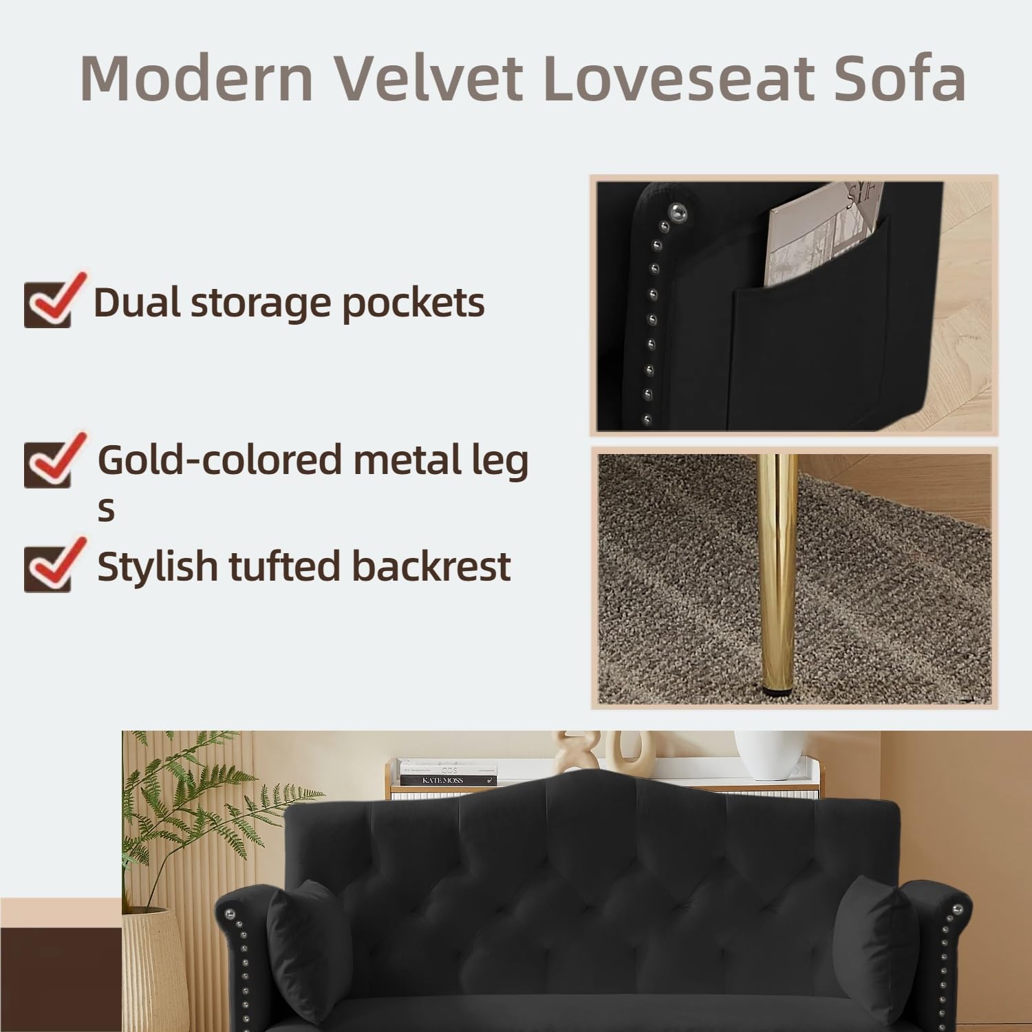 Small Velvet Loveseat Sofa with Gold Metal Legs,55-inch Modern Sofa Couch with 2 Side Pockets,Couch with Tufted Backrest for Living Room Bedroom Office (Black)