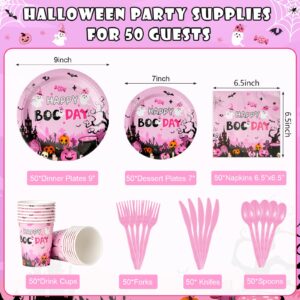 Halloween Happy Boo Day Bayby Shower Party Decorations,Pink Orange Ghost Pumpkin Disposable Paper Plates Napkins Cups Knives Spoons Fork for Girl Halloween Birthday Baby Shower Party Supplies,Serve 50