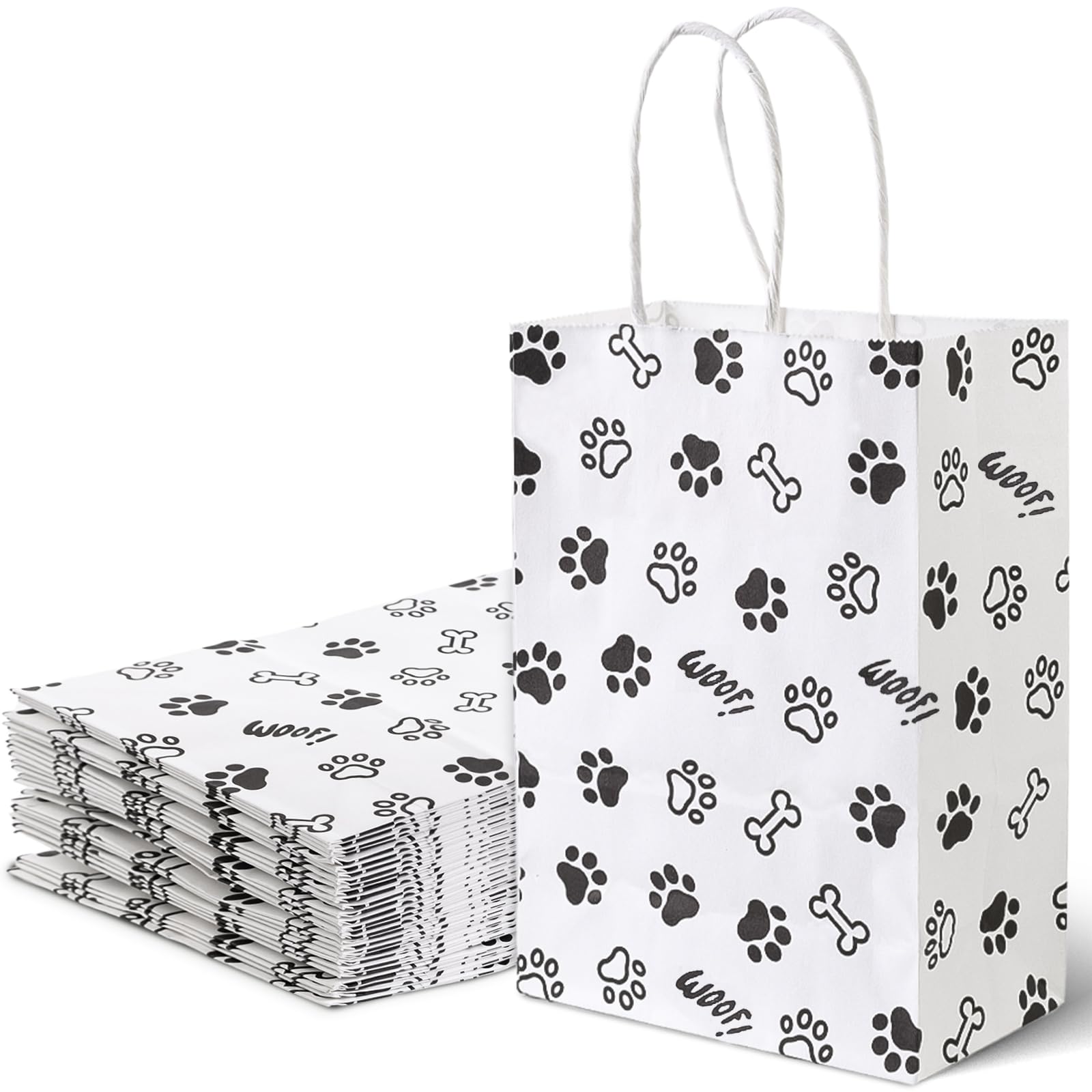 LovesTown 24PCS Candy Bags, Animal Party Favor Paw Prints Gift Bags with Handles Paper Retail Grocery Bags for Dog Pet Themed Party 5.5 x 2.8 x 7.9 inch