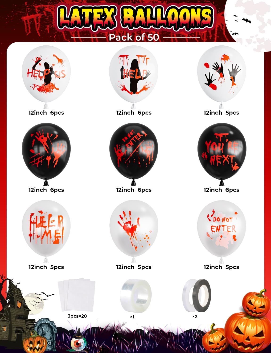 Scary Halloween Balloons,12 Inch Bloody Balloons,Horror Balloons with Blood Handprint,Scary Halloween Decorations for Zombie Vampire,Haunted House, Horror Party Supplies (Scared Style)