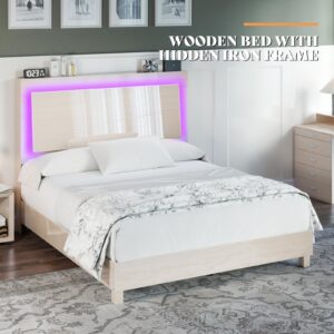 AMERLIFE Queen Size Beds Frame with Smart RGBW LED Lights, High Gloss Wooden Platform Bed Frame with Floating Ergonomic Headboard, Slats Support/Noise Free/No Box Spring Needed, White Woodgrain