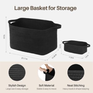 InnJoey 2PCS Large Blanket Basket, Cotton Rope Basket with Handles for Bathroom, Black Basket for Bedroom, Living Room, Nursery, Laundry room and Bathroom