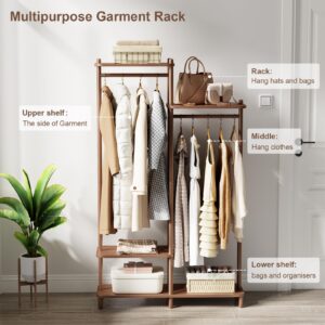 KASLANDI Solid Wood Clothes Rack,Garment Rack for Hanging Clothes,Walnut Clothing Rack with Shelves,Portable Clothes Rack,Double Clothing Rack, Freestanding Clothing Rack for Entryway and Bed Room