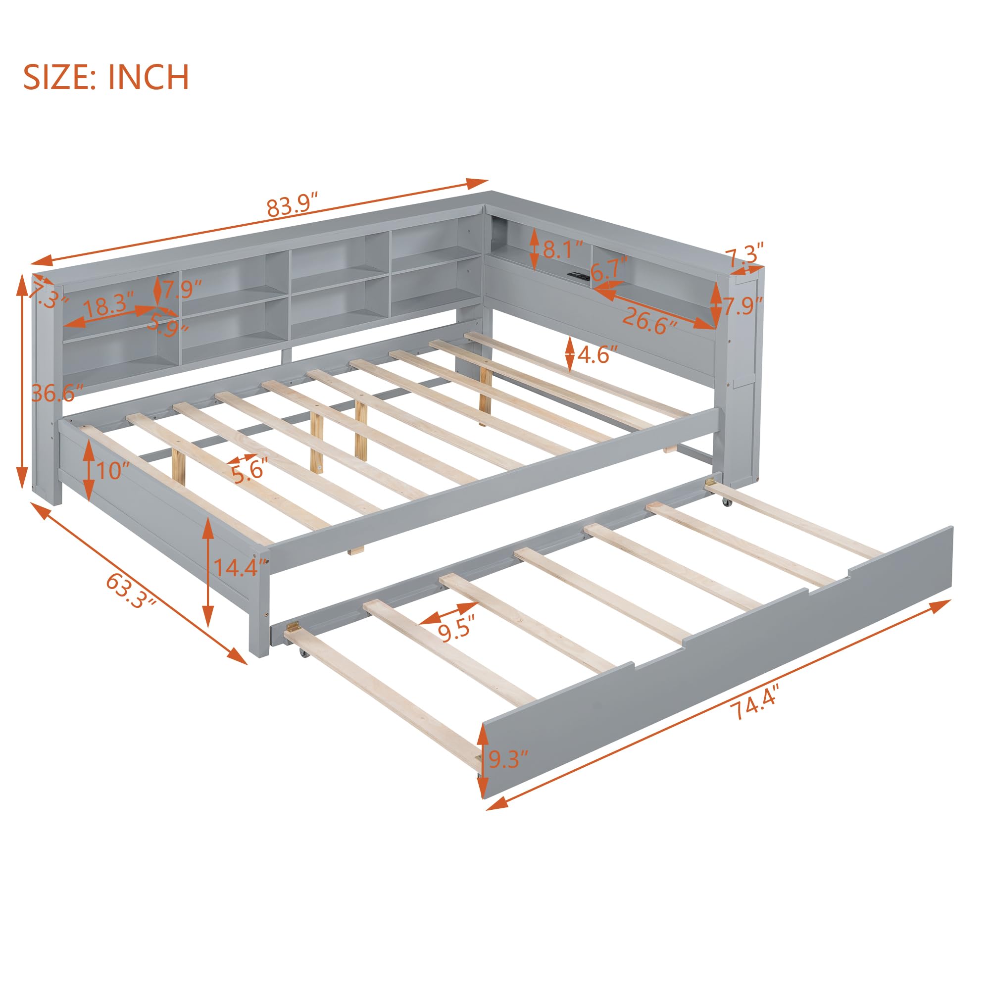 GYYBED Wooden Full Size DayBed with Twin Size Trundle, DayBed with Storage Shelf and USB Charging Ports,Wooden Bedframe with Wood Slat Support for Bedroom Living Room (Full(Grey)+with Trundle)