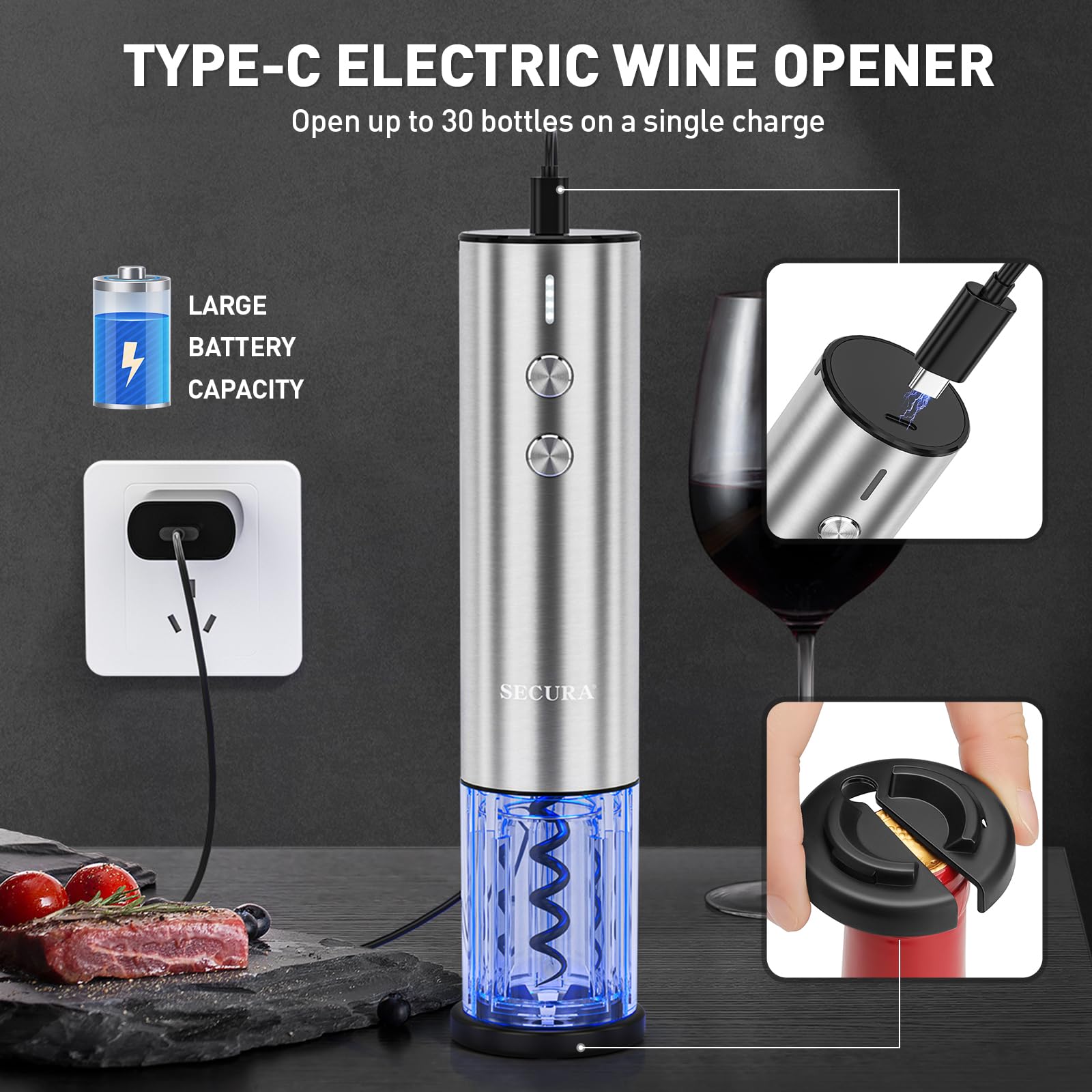 Secura Stainless Steel Electric Wine Opener, Rechargeable Automatic Home Wine Bottle Opener with Foil Cutter & Charging Cable, Reusable Corkscrew Wine Opener Electric for Wine Lovers, Silver