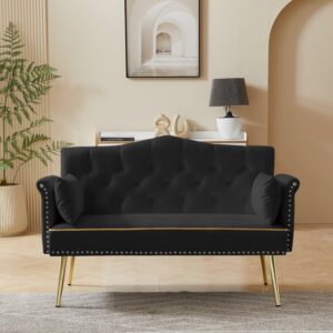 small velvet loveseat sofa with gold metal legs,55-inch modern sofa couch with 2 side pockets,couch with tufted backrest for living room bedroom office (black)